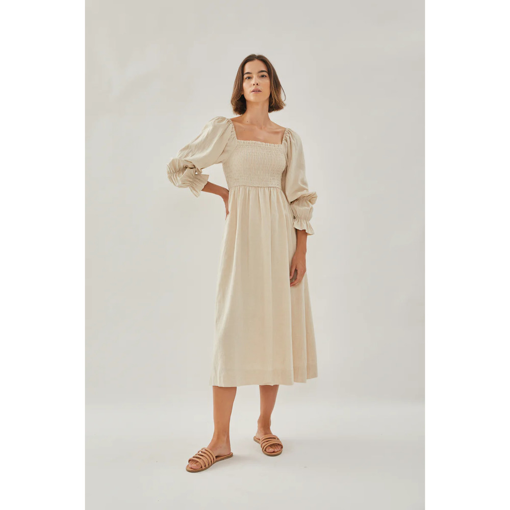 Shirred Midi Dress Square Neck Double Puffed Long Sleeve Linen Natural S